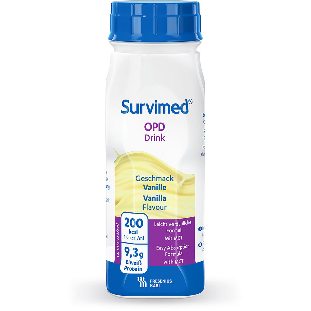 Abbildung Einzelflasche Survimed OPD Drink in Geschmacksrichtung Vanille