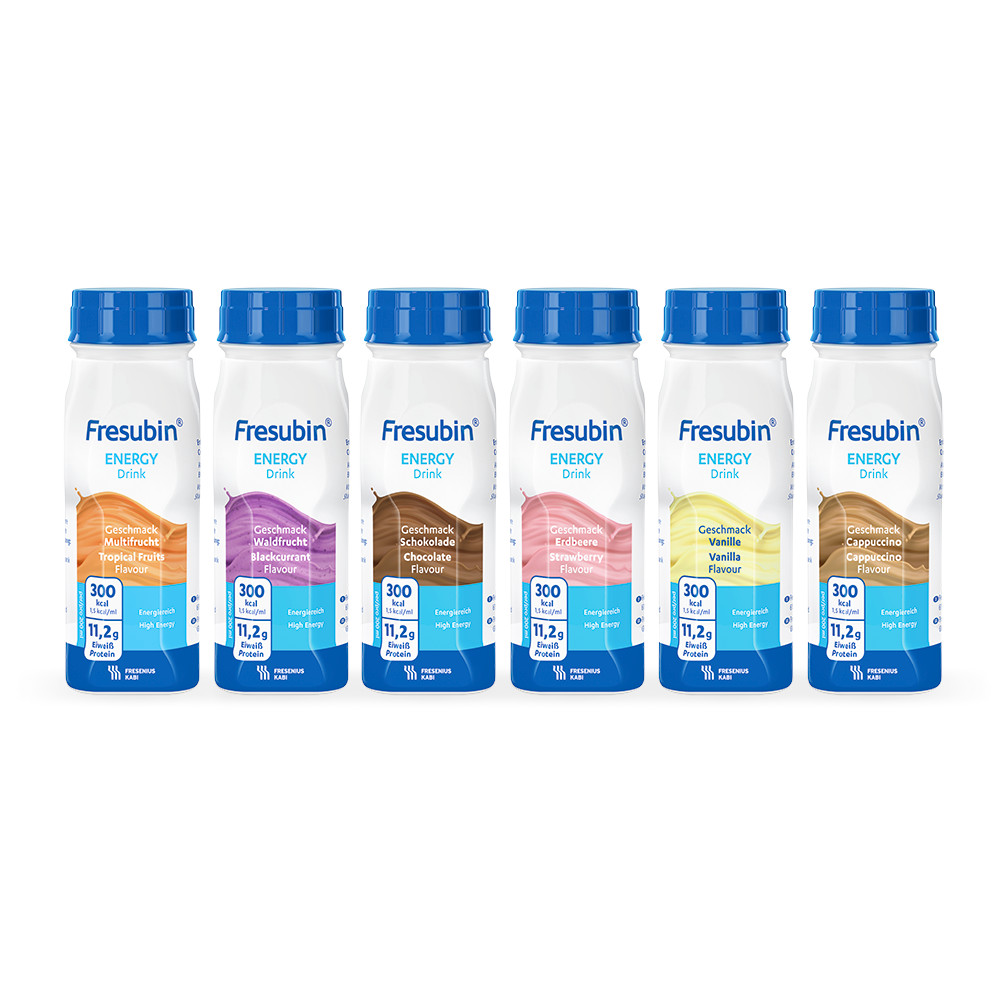 Abbildung 6 Einzelflaschen Fresubin Energy Drink je eine pro Geschmacksrichtung